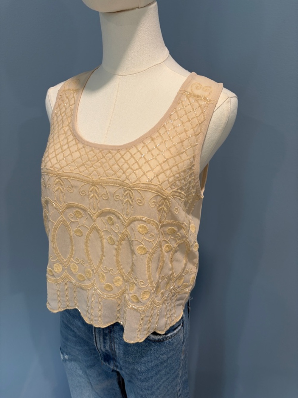 Express Embroidered Beaded Mesh Tank Top Cream Sheer Lace XS NWT